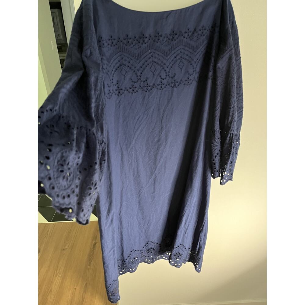 Loft Women L Navy Cotton Shift Dress Eyelet Trim Preppy Coquette Lightweight